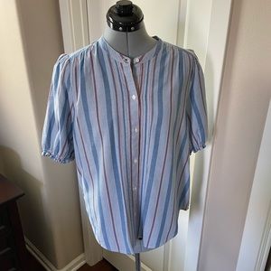 Lucky Brand Striped Blouse, Blue, White & Coral, Size L